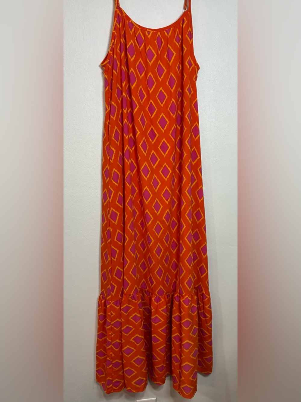 Bright Orange and Pink Diamond-Print Maxi Dress